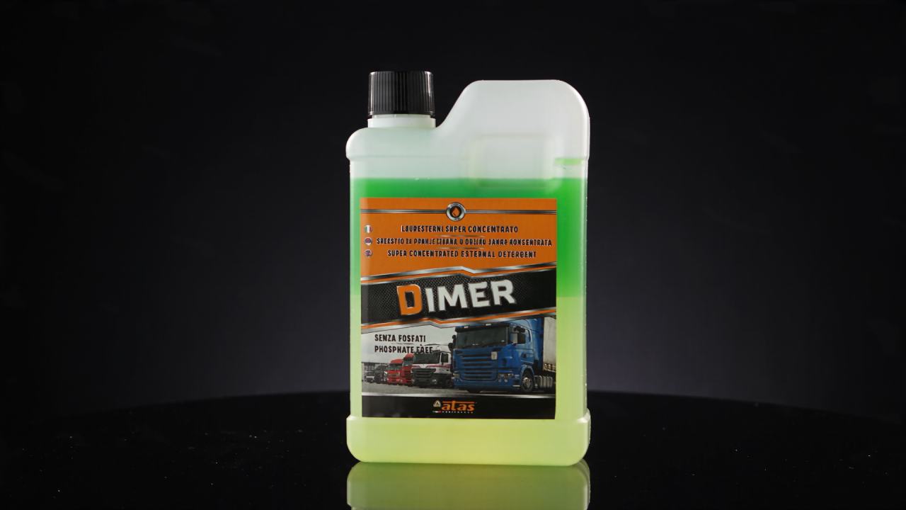 DIMER bottle rotating 360 degrees, then pouring concentrate into a spray bottle.